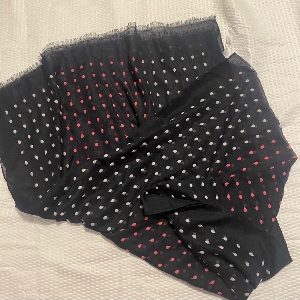 Polka dot scarf tablets Swiss dot pink white navy blue fringe
